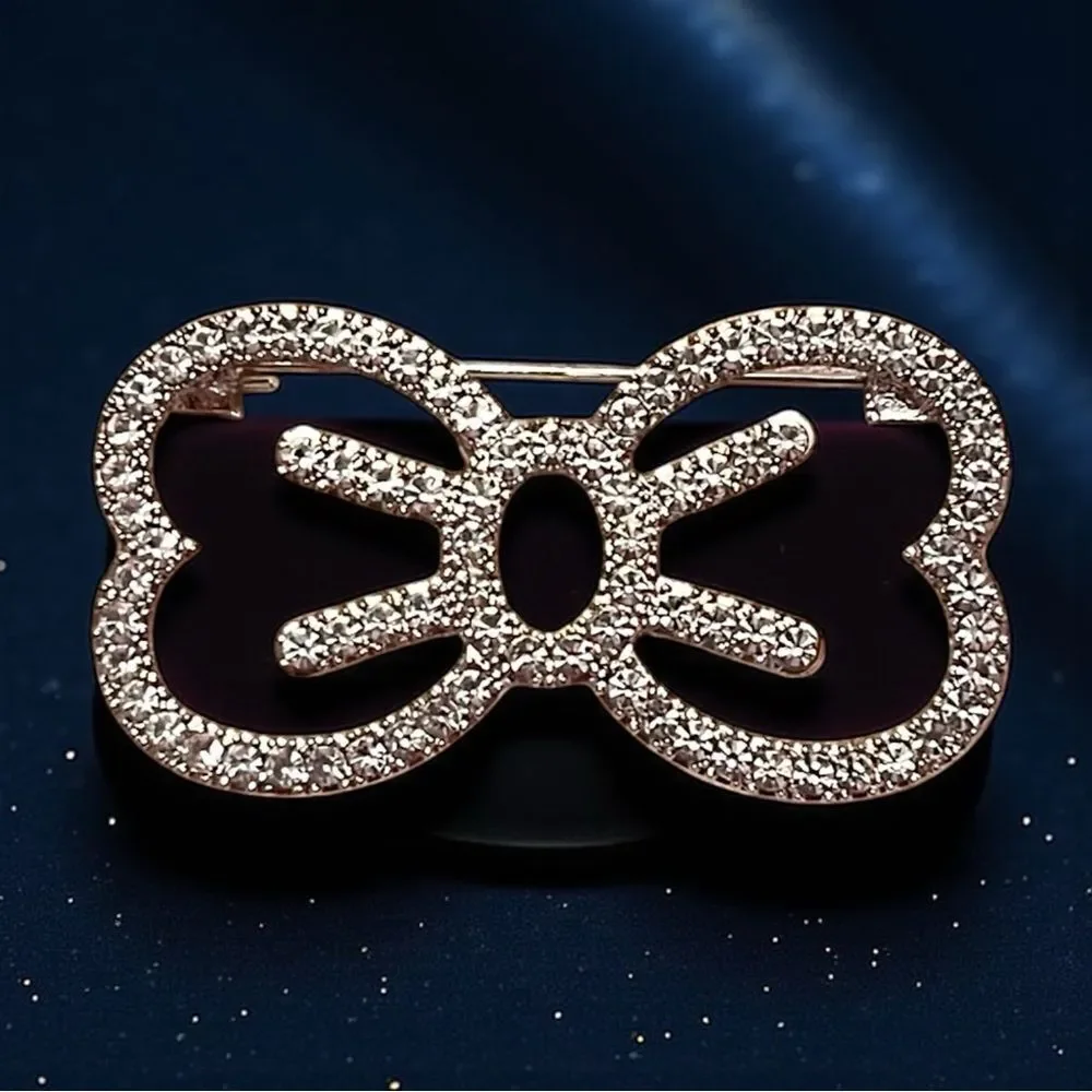 Elegant Silver Clear Crystals Bow Brooch